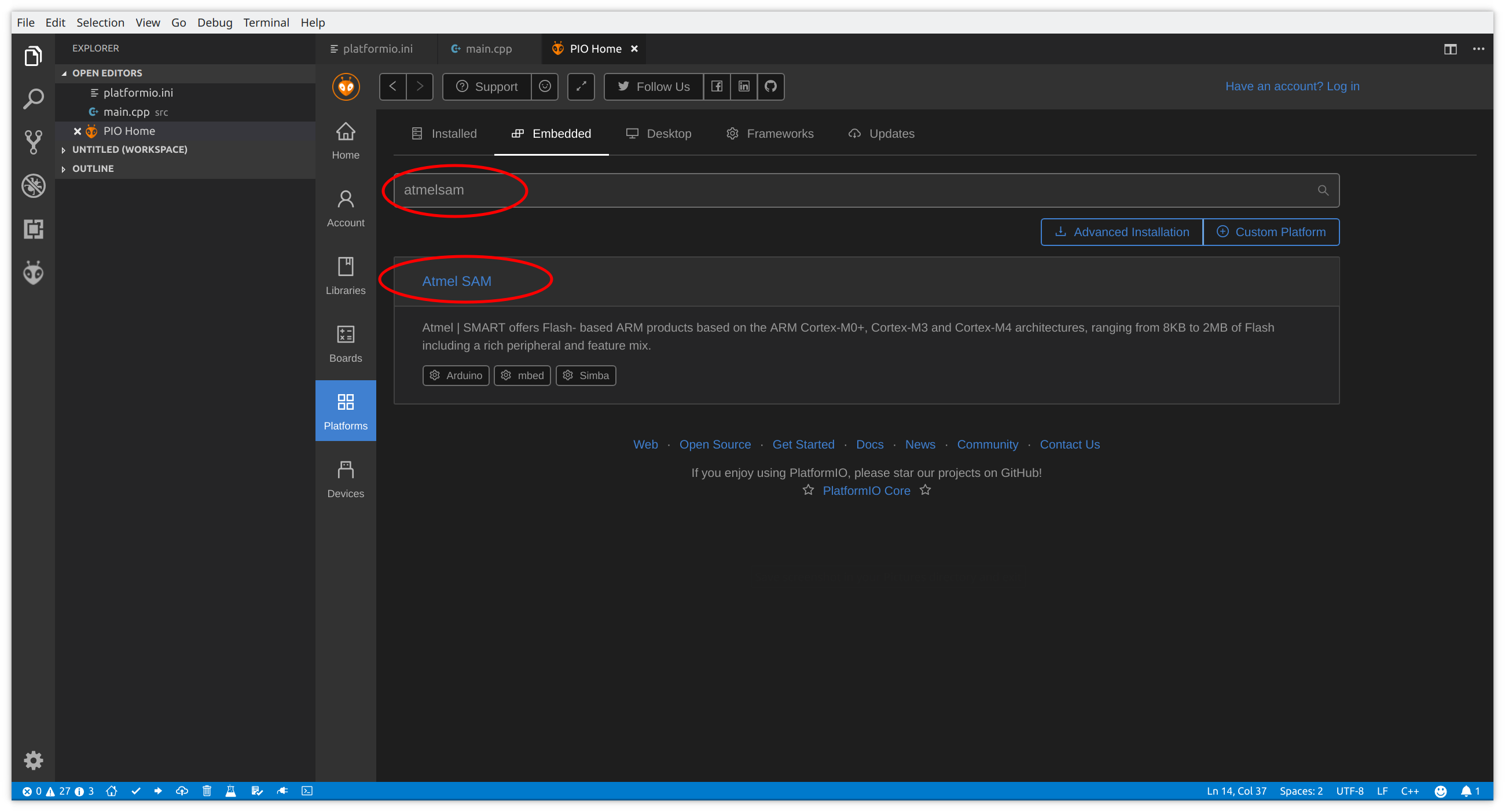 vscode platformio install atmelsam 2